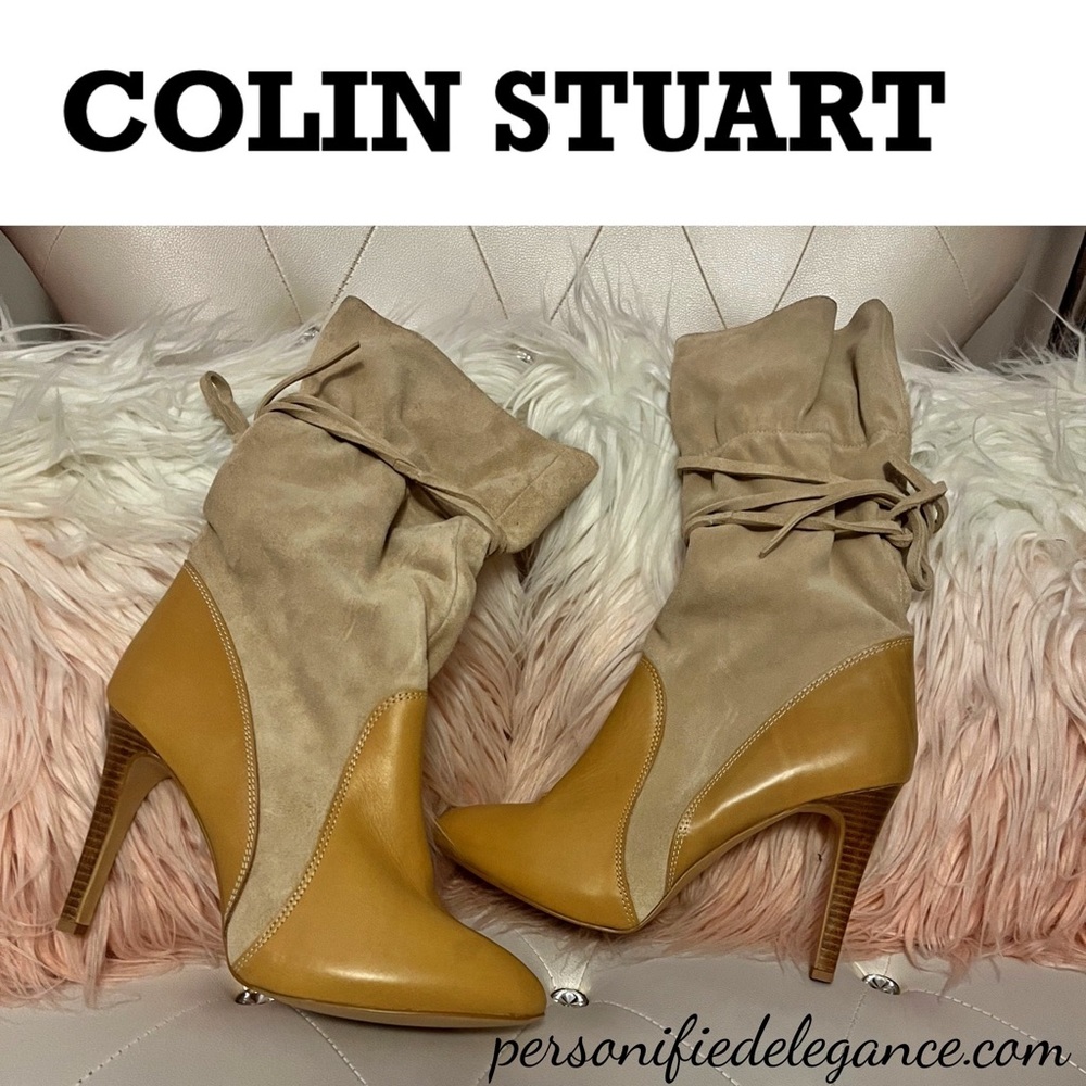NEW RARE Colin Stuart Tan Suede/Leather Heeled Mid Calf Tie Up Boots